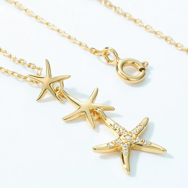 Three Starfish Pendant Zircon Sterling Silver Necklace