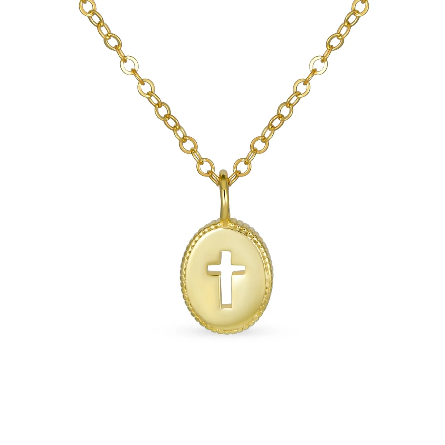 Tiny Petite Religious Cross Pendant Necklace 14K Gold Plated Sterling Silver Chain