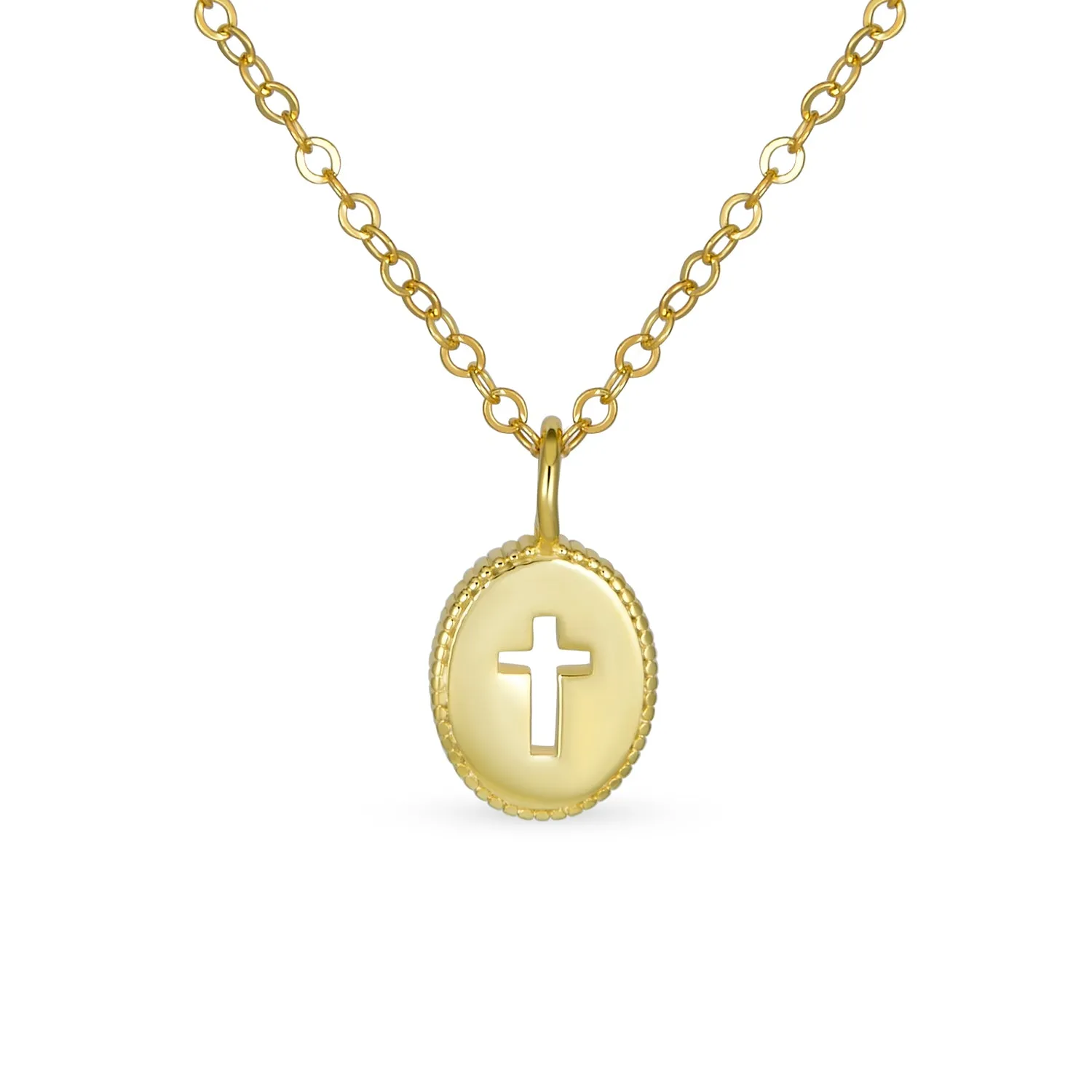 Tiny Petite Religious Cross Pendant Necklace 14K Gold Plated Sterling Silver Chain