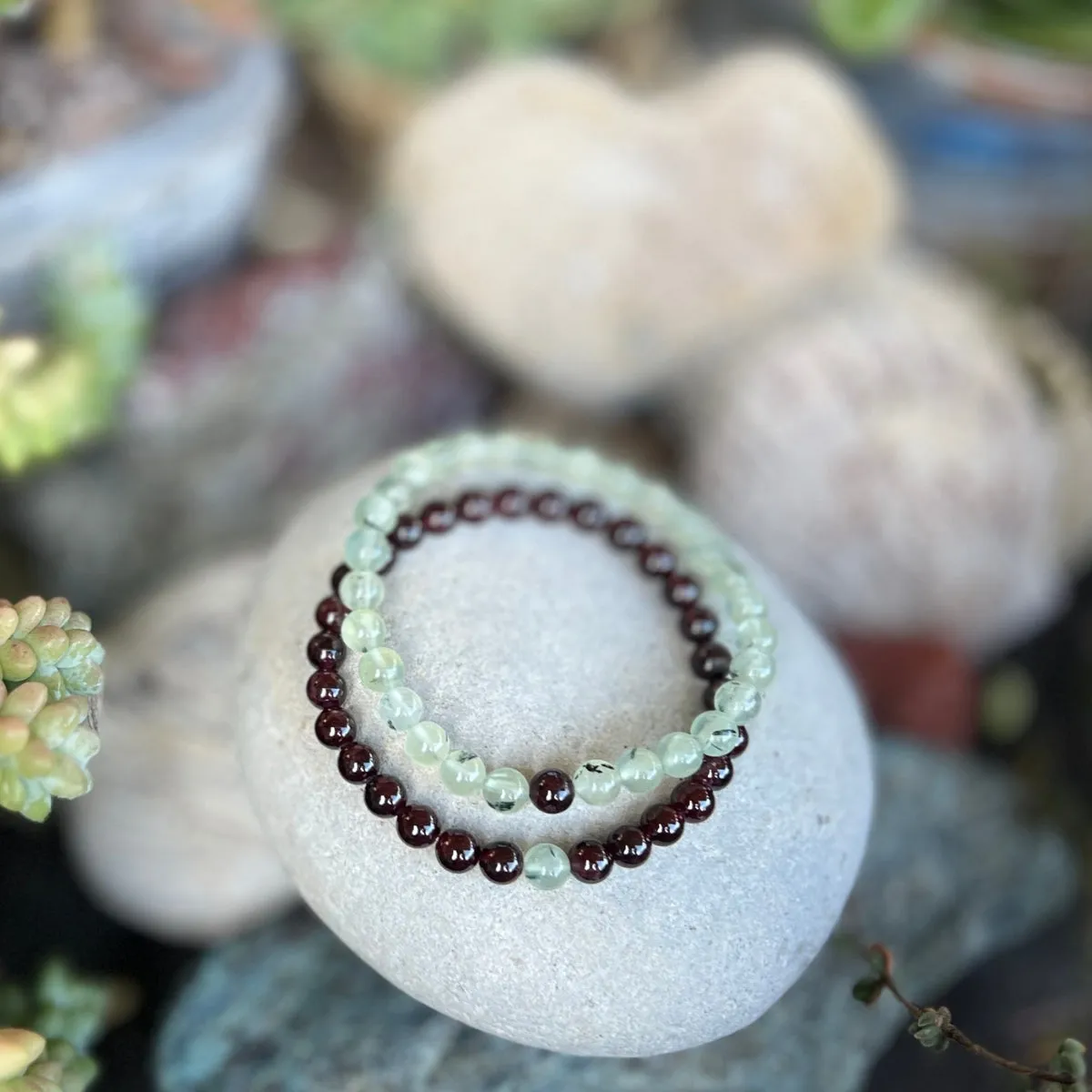 TWOgether Bracelet Pair: Garnet and Prehnite