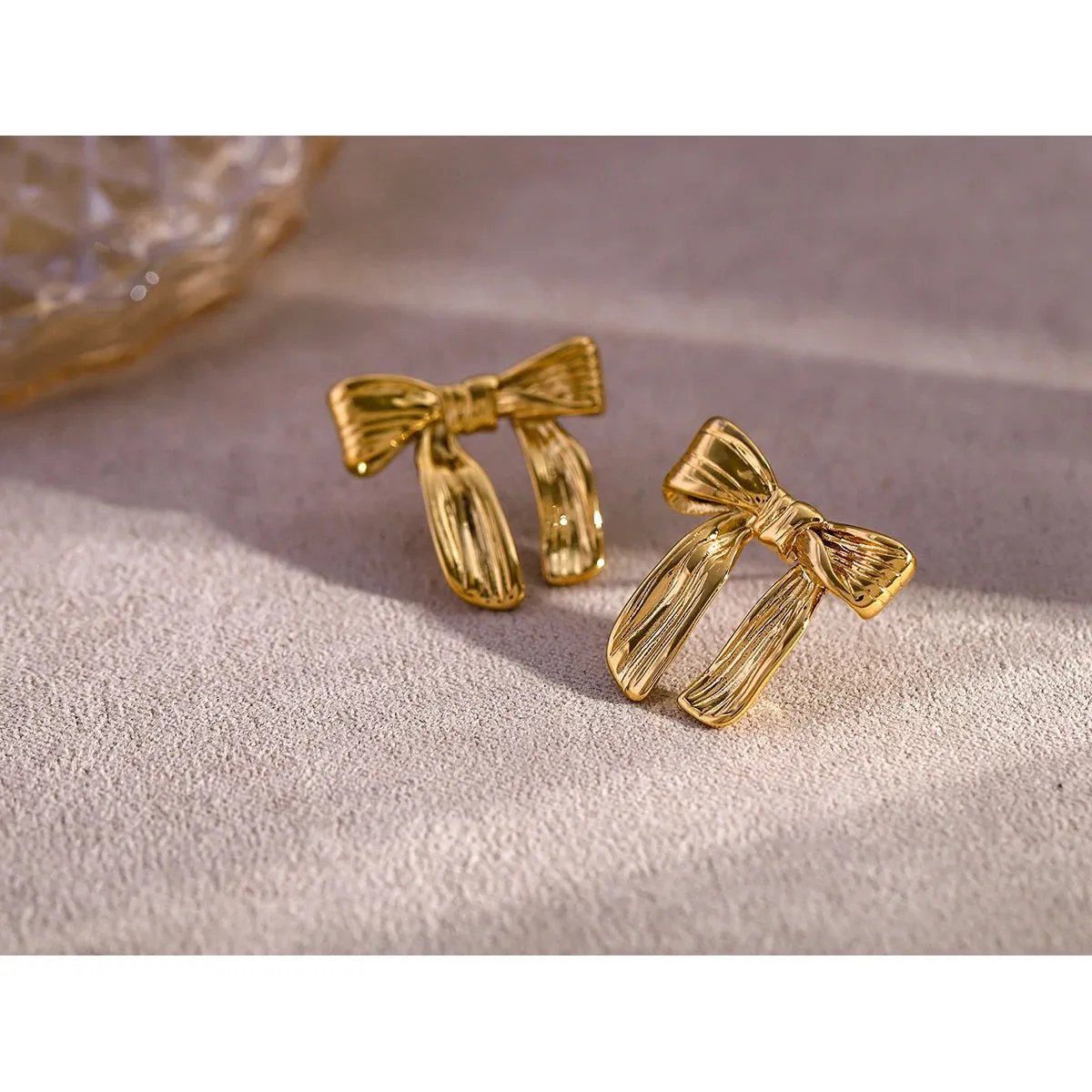 VAIGE Stainless Steel Golden Bow Stud Earrings - Waterproof, Anti-Allergic, Shiny Trendy Jewelry Gift