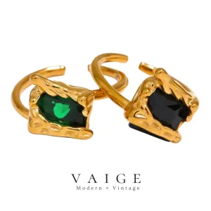 VAIGE Stunning Geometric Black and Green Cubic Zirconia Textured Ring in Stainless Steel