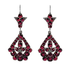 Victorian Bohemian Garnet Leaf Drop Earrings in Antiqued Sterling Silver