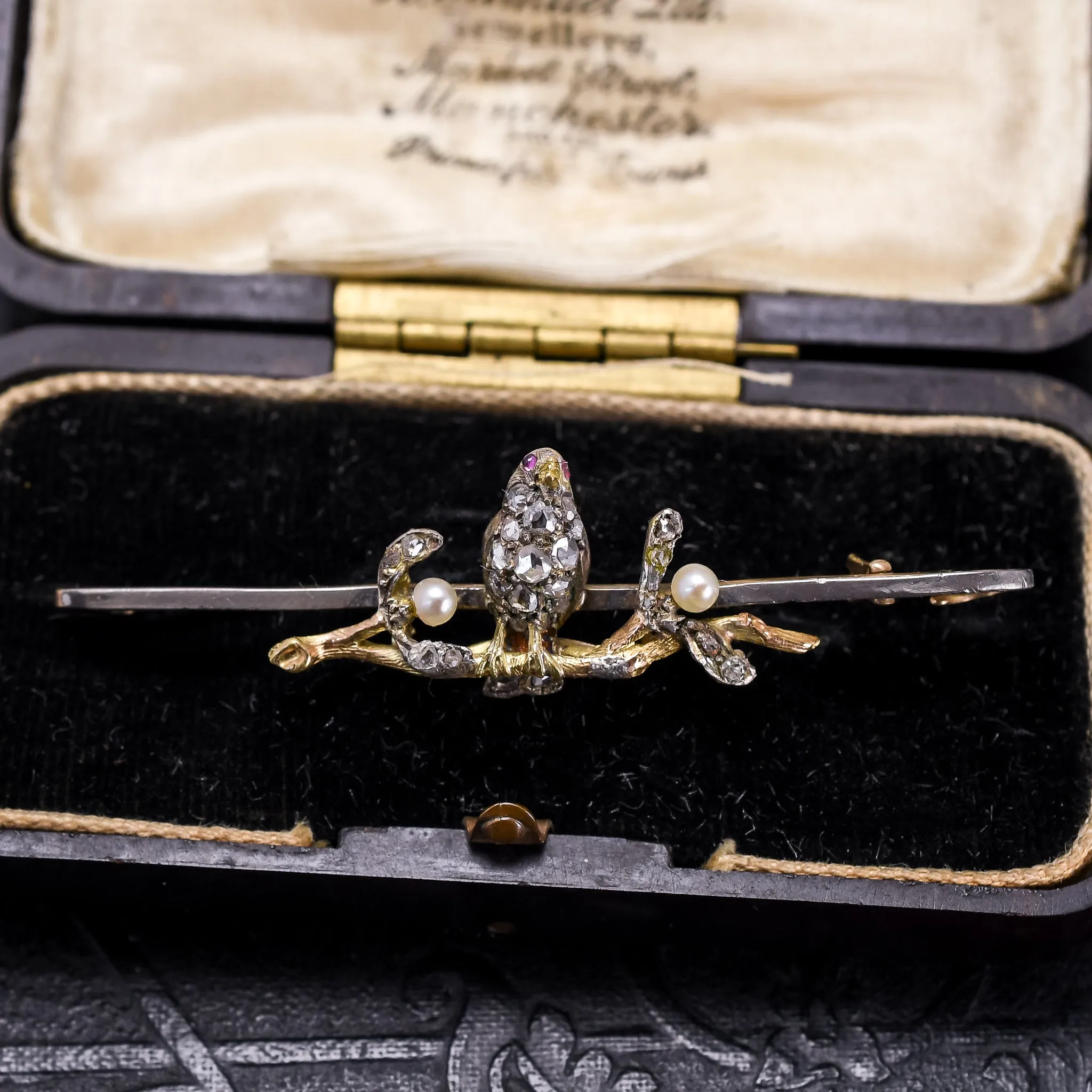 Victorian Diamond Robin & Mistletoe Bar Brooch