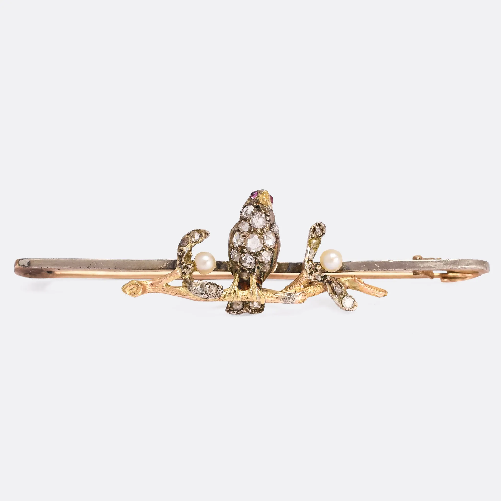 Victorian Diamond Robin & Mistletoe Bar Brooch