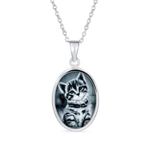 Vintage Antique Style Black Onyx Kitten Cameo Pendant Necklace in Silver