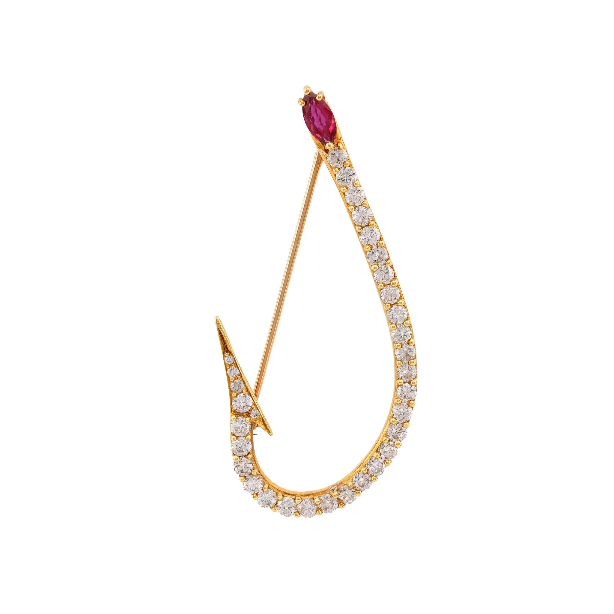 Vintage Ruby Diamond 18K Yellow Gold Fish Hook Brooch