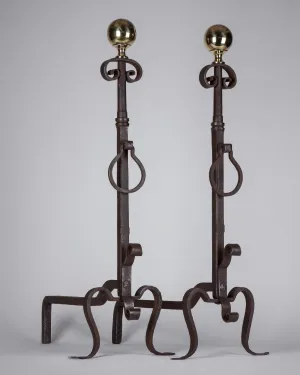 Wrought Iron Andirons with Brass Ball Finials