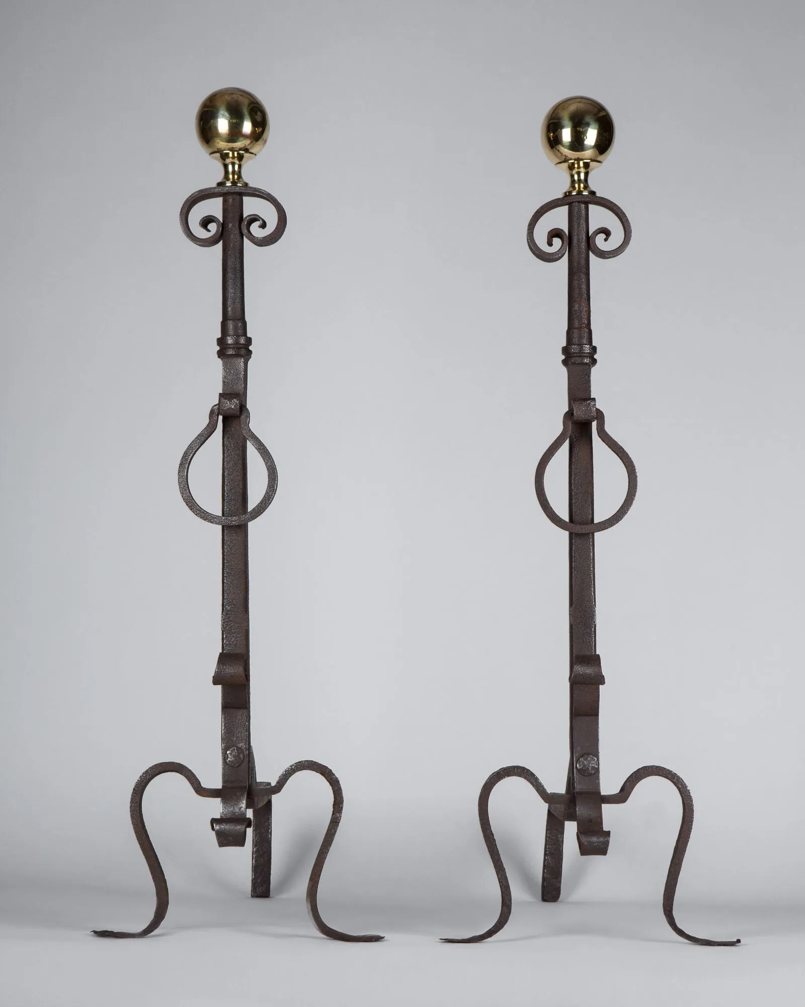 Wrought Iron Andirons with Brass Ball Finials